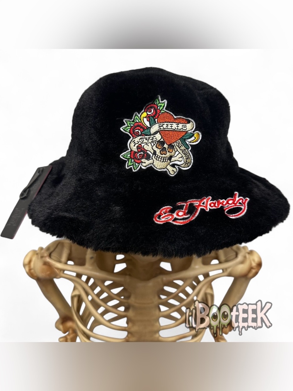 Ed Hardy Black Faux Fur Bucket Hat Embroidered LKS Logo OS NEW VIRAL Y2K